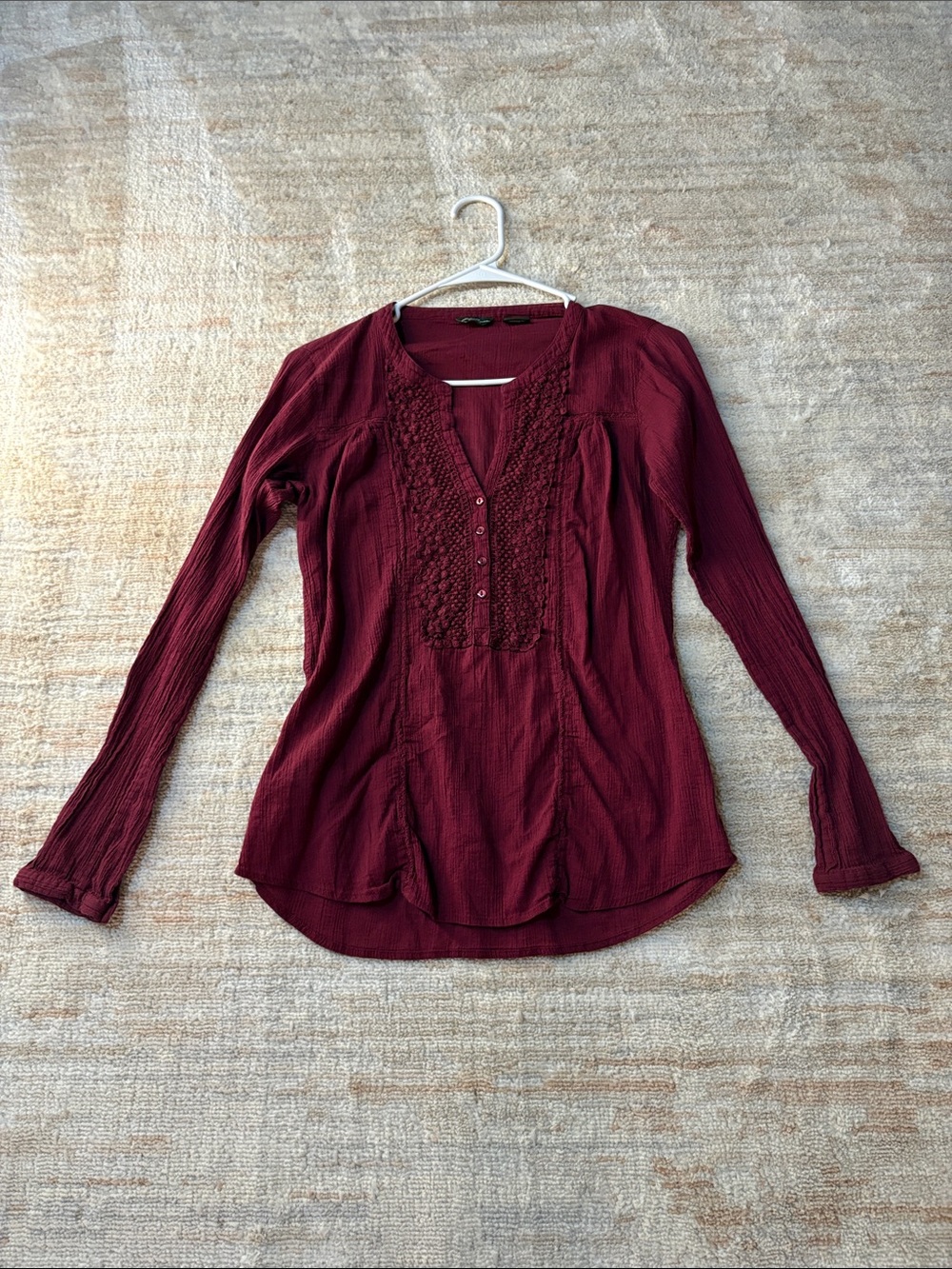 Eddie Bauer Deep Wine Long-Sleeve Henley with Crochet Placket